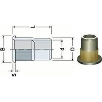 Matice nýtovací matice OTEVŘENÁ M6x16 ZINEK plochá rýhovaná hlava rýhované tělo (s= 0.5-3.0 mm)
