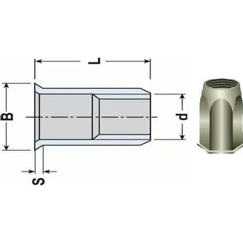 Nýt nýtovací matice OTEVŘENÁ M6 ZINEK zápustná malá hladká hlava 6hranné tělo (s= 3.0-6.0 mm)
