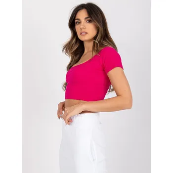 Růžový dámský crop top s krátkými rukávy RV-TS-7538.12P-fuchsia Velikost: XS