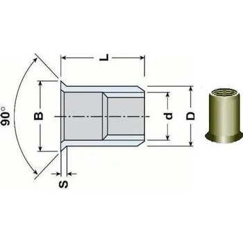 Nýt nýtovací matice OTEVŘENÁ M6x17 Al-hliník zápustná velká hladká hlava hladké tělo (s= 4.0-6.0 mm)