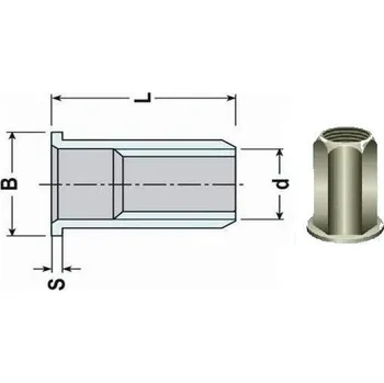 Nýt nýtovací matice OTEVŘENÁ M8x17.5 ZINEK plochá hladká hlava 6hranné tělo (s= 0.5-3.0 mm)