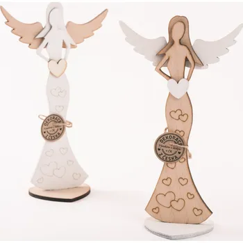 Vánoční dekorace Anděl dřevěný 25 cm se srdíčky Barva: Přírodní tělo+bílá křídla