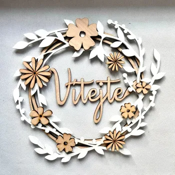 Věnec Dřevěný věnec 30 cm vrstvený bílý + květiny , 3 varianty Nápis: Vítejte