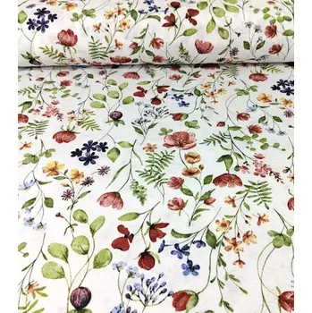 Loneta dekorační látka luční kvítí na bílé | RTex