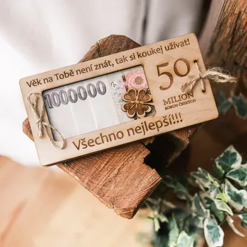 Dárková krabička Dárkové balení k narozeninám Milion korun, podkova a čaj Sonnentor Jubileum: 50