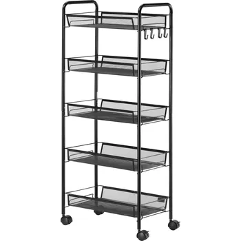 HOMCOM Servírovací vozík se 4 policemi a 5 košíky Úložný vozík s rukojetí do kuchyně a obývacího pokoje z oceli černý | Aosom.de