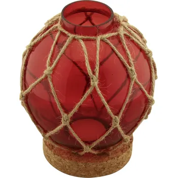 Svícen SEA Club Rybářská skleněná koule v síťce s čajovou svíčkou a korkovým podstavcem, červená, 13x13x16cm