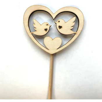 Dřevěný zápich Srdce 10 cm s ptáčky Barva: Přírodní