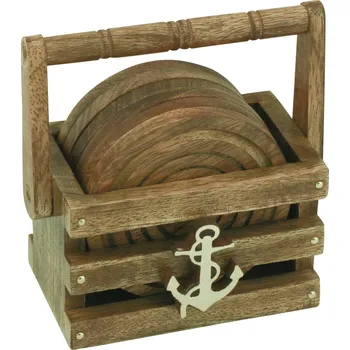 SEA Club Podtácky v košíku, mangové dřevo/mosaz, 11,5x7x12cm