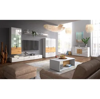 Obývací stěna Obývací stěna LUCENCE, bílý lesk/dub artisan +možnost VÝNOSU + vyzvednutí ZDARMA