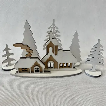 Vánoční dekorace Dřevěná zasněžená vesnička 20 cm se stromky Barva: Přírodní-bílá