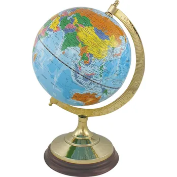 Glóbus SEA Club Globus, světle modrý, s podstavcem z mosazi/dřeva, V: 34cm, Ø: 20/16,5cm