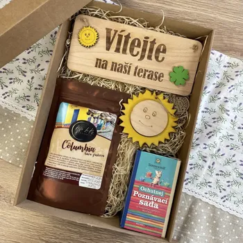 Káva Dárková sada Jdeme na návštěvu - NA TERASU (3 druhy) Druh mletí kávy: Zrno, Varianta: Cedulka barevné zdobení