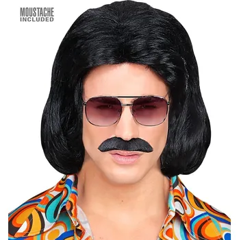 Karnevalová paruka Černá paruka s knírem Svůdník 70. léta
