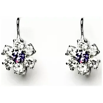 Náušnice Stříbrné náušnice květina čiré zirkony a zirkon ametyst - VE24 (Stříbrné náušnice kytičky se zirkony)
