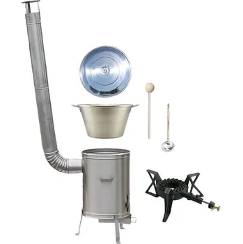 Kempingové nádobí Nerezový kotel 70 L + nerezová kotlina 56 cm LUX + nerezová poklice, litinový hořák 7 kW, vařečka a naběračka BIG PARTY