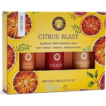 Citrus Blast | Kolekce 3x esenciálních olejů 5ml v Dárkovém balení (Objevte osvěžující sílu Citrus Blast kolekce od Song of India, která je navržena tak, aby povzbudila vaši mysl, snížila stres a posílila vaši imunitu. Sada obsahuje 3x 5ml speciální směsy