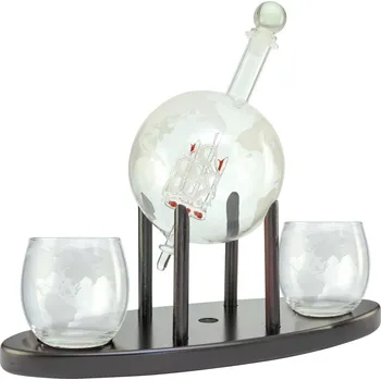 SEA Club Skleněná karafa, s dřevěným stojanem a 2 světovými poháry, 32,5x12,5x28,5cm