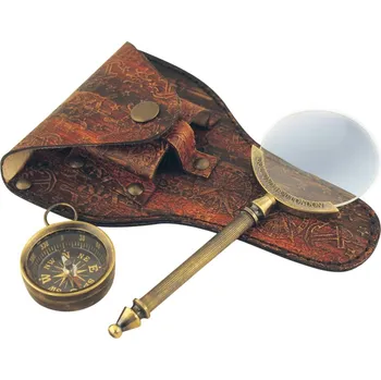 SEA Club Lupa a kompas v koženém pouzdře, staromosaz, D: 14 cm, Ø: 5cm - 3,5cm