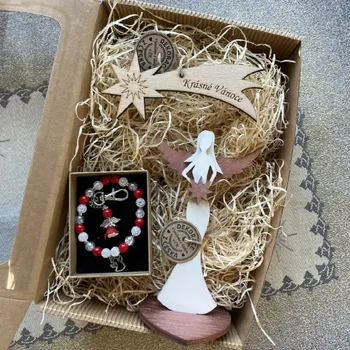 Náramek Vánoční dárková sada - náramek z minerálů, anděl 16 cm, kometa a přívěsek andílek - 3 varianty Barva: Červená