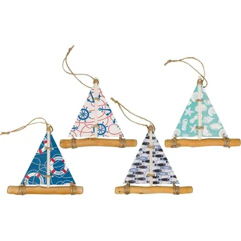 SEA Club Závěsná dekorace - Plachetnice, naplavené dřevo/karton, 11,5x1x12cm, sada 4ks