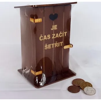 Pokladnička Pokladna kadibudka dřevěná tmavá s nápisem - Je čas začít šetřit