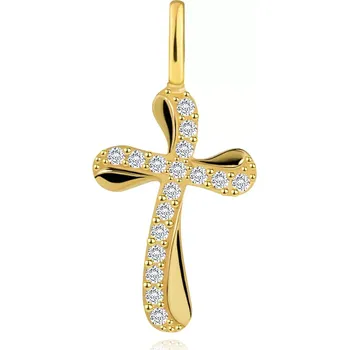 Přívěsek Zlatý přívěsek 585 - křížek se zvlněnými rameny, zdobený čirými zirkony