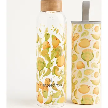 Láhev Waterdrop Skleněná lahev na vodu, odolná lahev na pití a termoobal, GLOW transparentní 600 ml