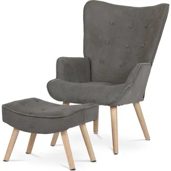 Křeslo Křeslo "ušák" s podnožkou, potah hnědá látka, dřevěné nohy, masiv kaučukovník