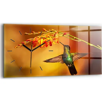 Hodiny Moderní skleněné nástěnné hodiny s potiskem vodorovné 60x30 cm Kolibřík Pták