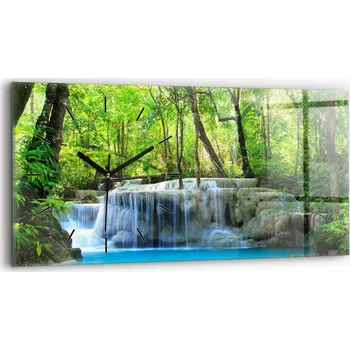 Hodiny Moderní skleněné nástěnné hodiny s potiskem 60 cm x 30 cm Vodopád v lese
