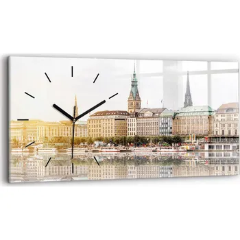 Hodiny Ozdobné nástěnné hodiny s krásnou grafikou, šířka 60x30 cm, motiv Řeka Hamburg, Německo