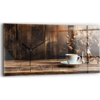 Hodiny Skleněné moderní foto hodiny na zeď s plynoucími ručičkami 60x30 cm - Motiv: Káva