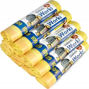 Pytle na odpadky 100 PEVNÝCH ŽLUTÝCH SÁČKŮ NA ODPAD 60l SE STAHOVACÍ PÁSKOU, 10 ROLÍ