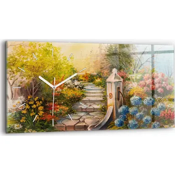 Hodiny Moderní skleněné nástěnné hodiny horizontální 60x30 cm Olejová kompozice v lese