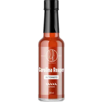 Omáčka BrainMax Pure® Carolina Reaper v rajčeti, 200 ml Extrémně pálivá omáčka z rajčat s chilli papričkou Carolina Reaper a směsí koření.