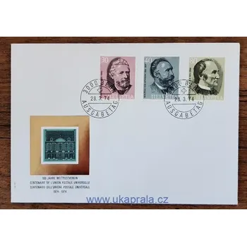Sběratelství ŠVÝCARSKO FDC 1024/6, 100 let UPU, osobnosti, r. 1974