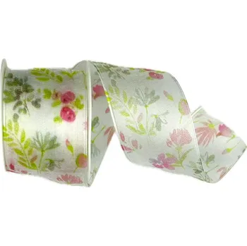 Stuha Stuha taftová BLOSSOM TALE WHITE bílá průsvitná 40mm x 2m (15,-Kč/m) (Stuha taftová, průsvitná, oboustranná, potisk květin, s vetkaným vlascem v lemu)