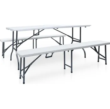 Zahradní stůl Skládací zahradní stůl se 2 lavicemi 180 cm ocel a HDPE bílý