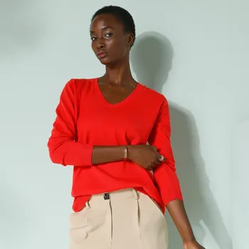 Dámský svetr Pulovr s výstřihem do V červená 52