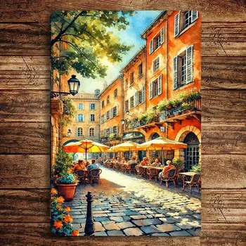 Plechová cedule BAF Kovová cedule Ulice s kavárnou 30 x 20 cm