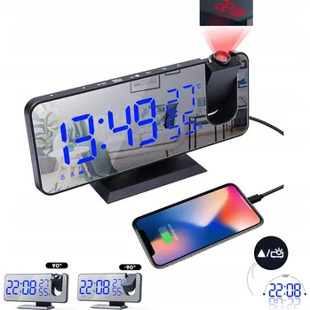 Hodiny LED HODINY S BUDÍKEM A PROJEKTOREM, ELEKTRONICKÝ TEPLOMĚR, MODRÉ + ČERNÉ