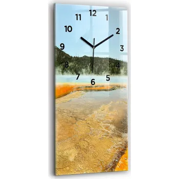 Hodiny Vertikální skleněné nástěnné hodiny do obýváku s grafikou Jezero s horami 30x60 cm