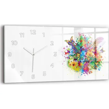 Hodiny Moderní skleněné foto hodiny na zeď 60x30 cm Květinová harmonie s motýly