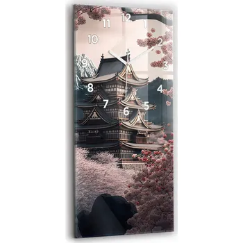 Hodiny Skleněné nástěnné hodiny do moderního interiéru Věž a květiny v Asii 30x60 cm