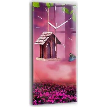Hodiny Vertikální skleněné nástěnné hodiny do obýváku se vzorem ptačí budky 30x60 cm