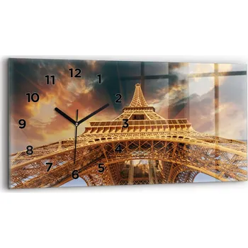 Hodiny Moderní skleněné nástěnné hodiny 60 cm x 30 cm Eiffelova věž v záři slunce