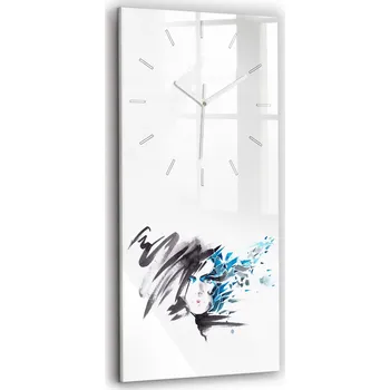 Hodiny Vertikální skleněné nástěnné hodiny s grafikou Abstrakce tvář ženy 30x60 cm