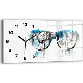 Hodiny Moderní skleněné hodiny s grafikou na zeď 60 cm x 30 cm Město v brýlích