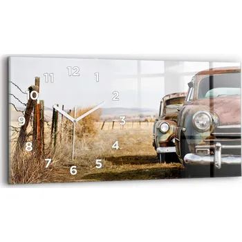 Hodiny Moderní skleněné hodiny s grafikou na zeď, horizontální, 60x30 cm - Stará auta